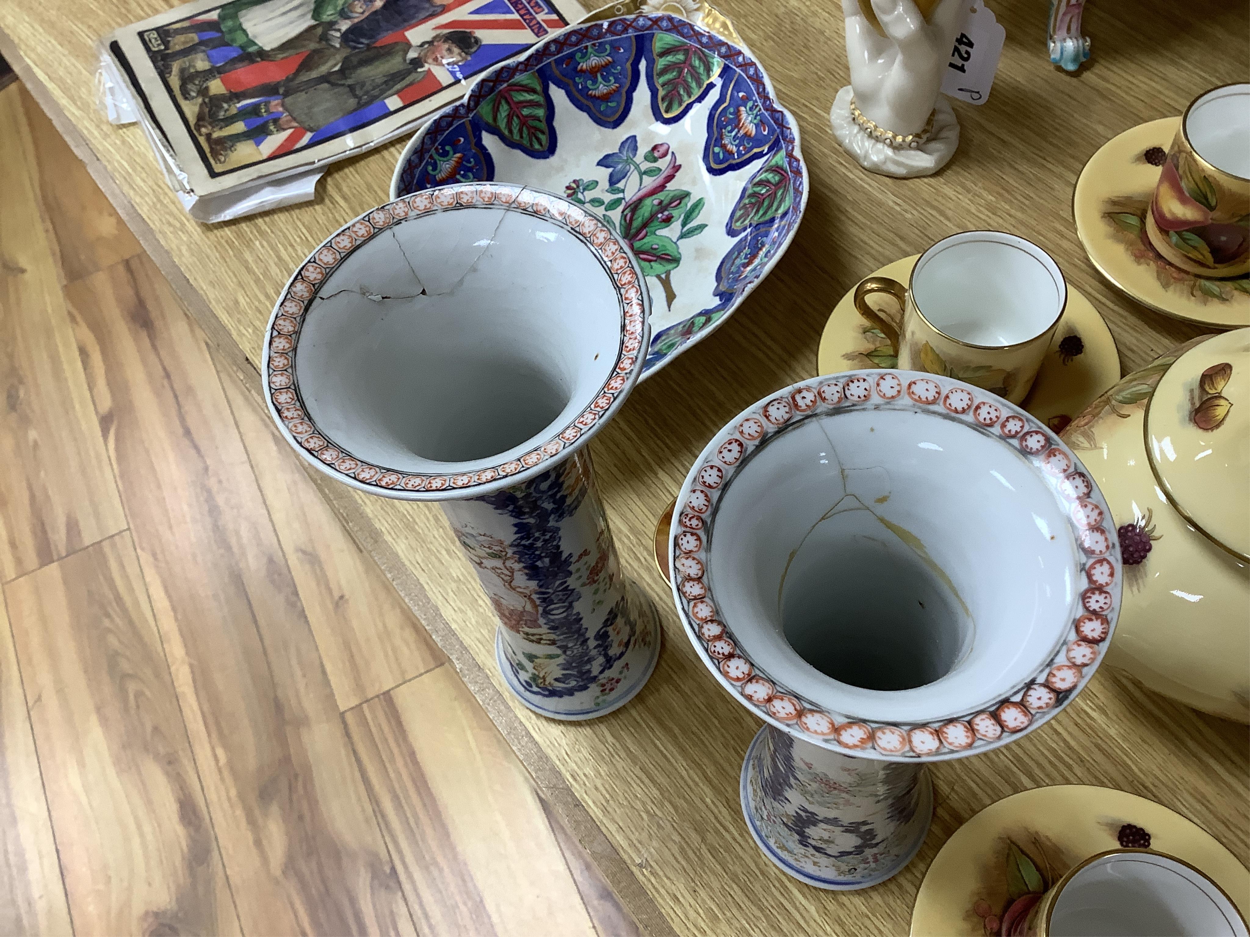 A pair of 18th century Chinese famille rose sleeve vases, a pair of 19th century Canton pattern vases and two English spill vases (6), tallest 25cm